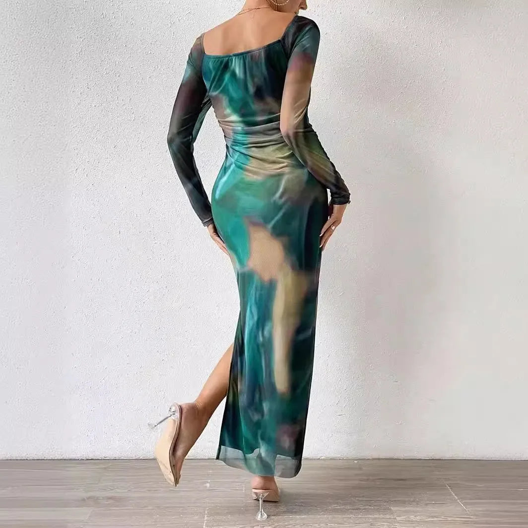 Women's printed mesh fishtail dress with gradient colour and square collar in multiple colour options