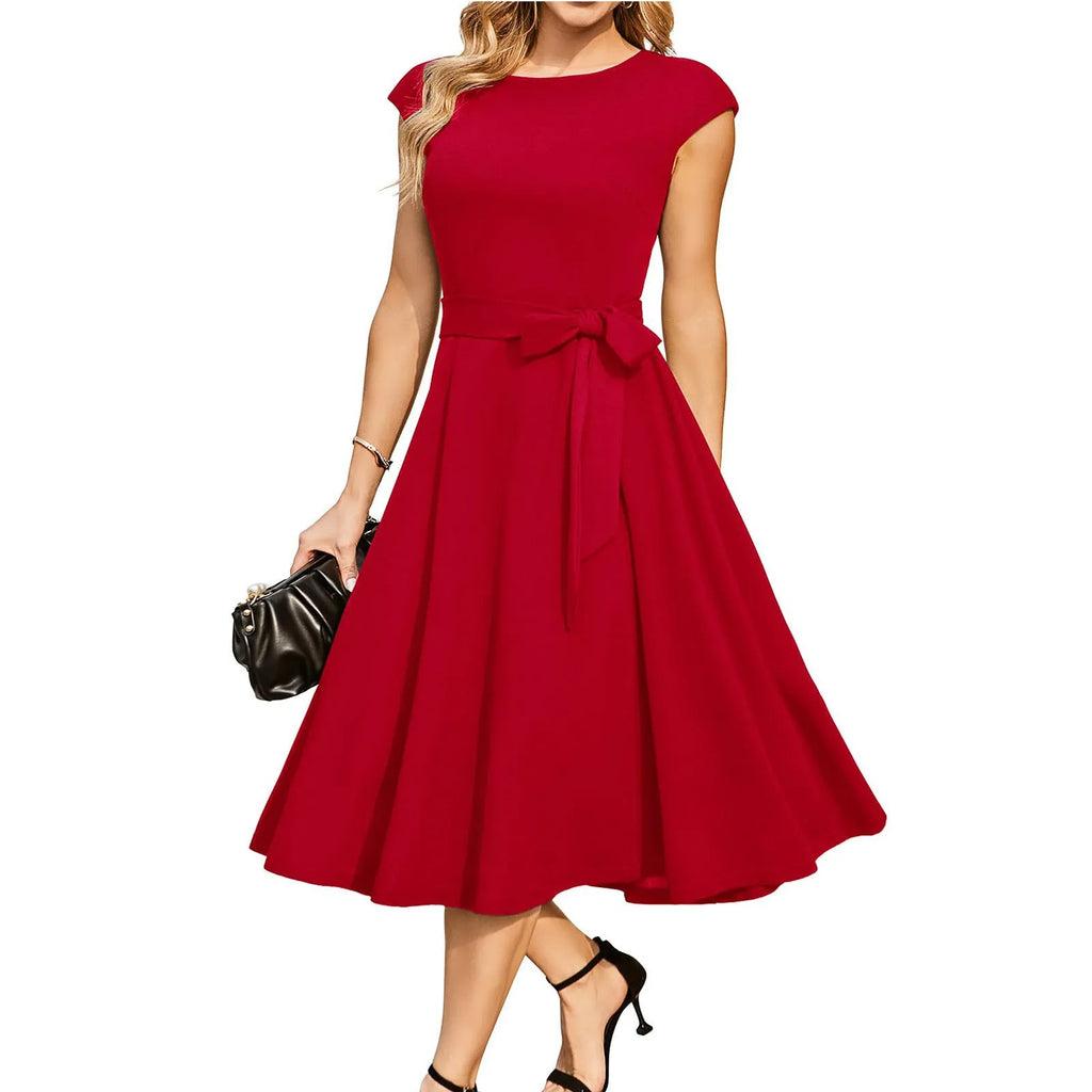 Sleeveless lace-up waist party dress with oversized swing skirt in twisted silk polyester fabric