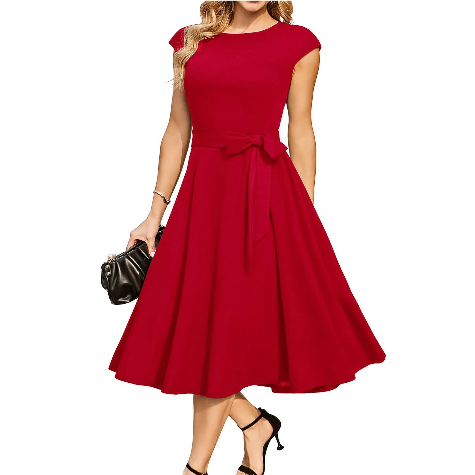 Sleeveless lace-up waist party dress with oversized swing skirt in twisted silk polyester fabric