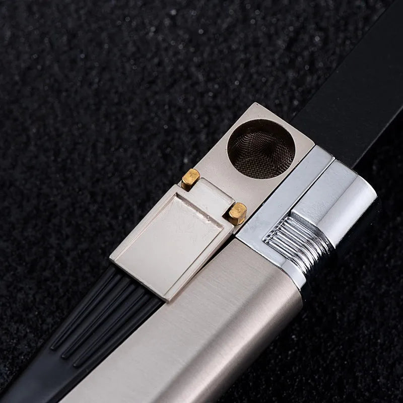 Silver and black foldable metal pipe lighter showing open and closed positions with refillable butane valve