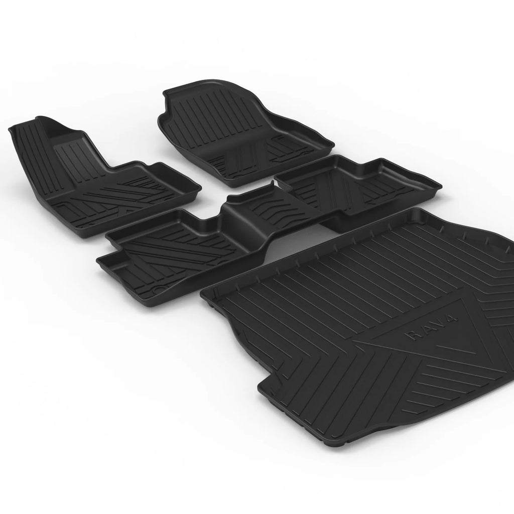 Black TPE car boot liner with a carbon fibre texture pattern laid flat.