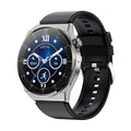 Round Bluetooth smart watch with black silicone strap showing phone call and NFC access control functions