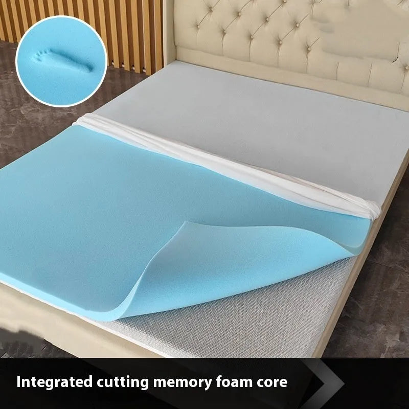 Thin gel memory cotton mattress on a tatami mat showing 2cm, 3cm, and 5cm thickness options.