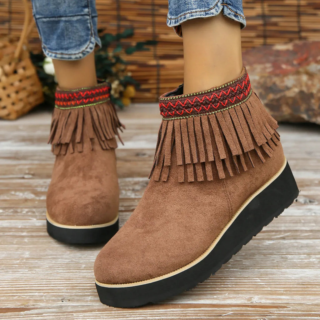 Women's suede wedge ankle booties with side zipper and thick rubber sole in black colour