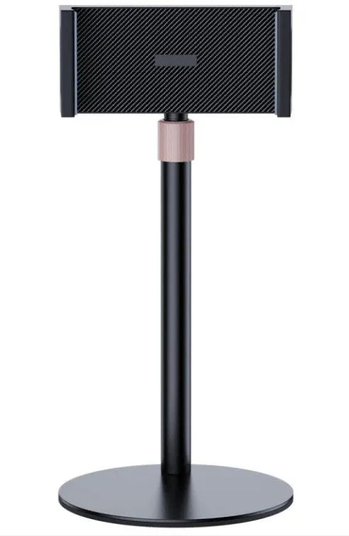 Black and white lifting metal bracket for an 11-inch tablet, showing telescopic arm extended.