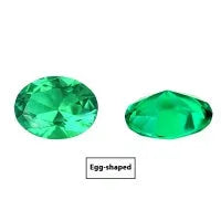 Loose cultivated emerald gemstone cabochon in Columbia green showing polished round and Asscher cut shapes.