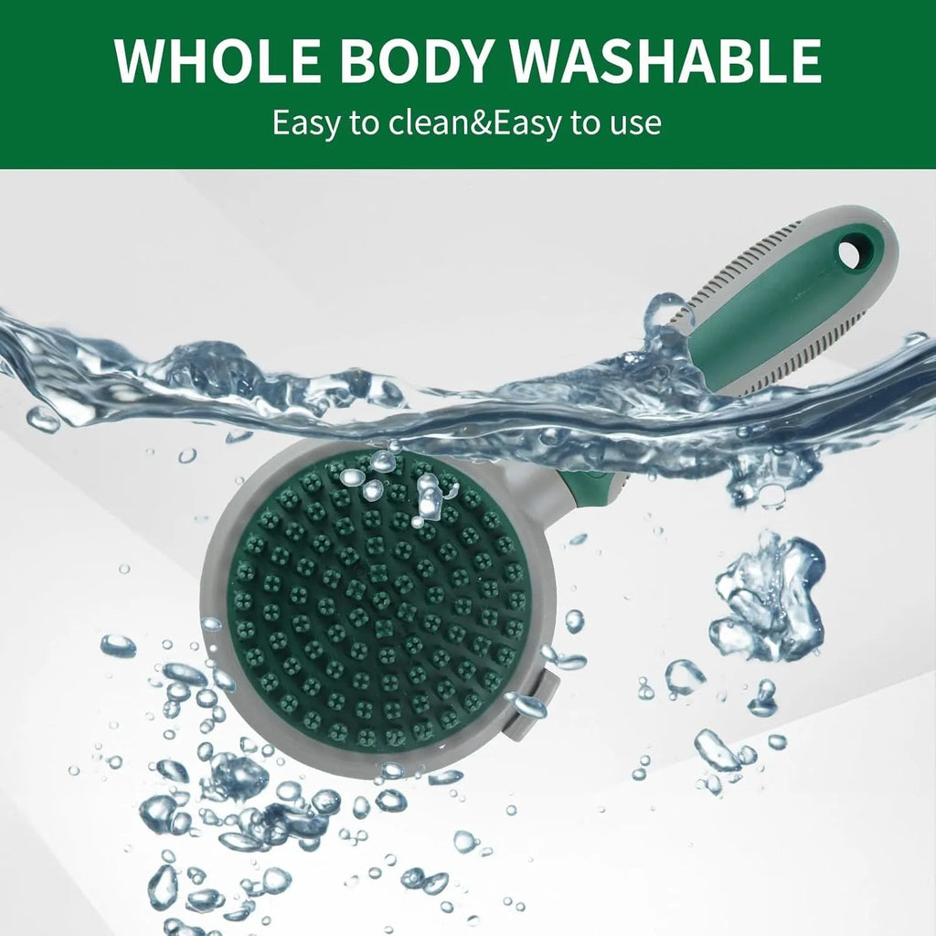 Green and pink dual-sided silicone pet grooming brush with retractable slicker and octopus-toothed massager.