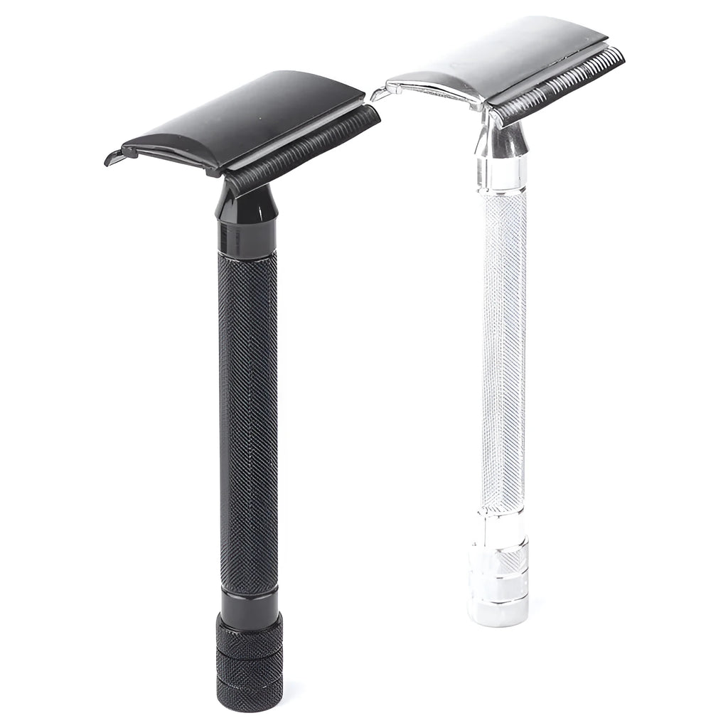 Traditional manual metal shaving scraper and brush set in black or silver finish.