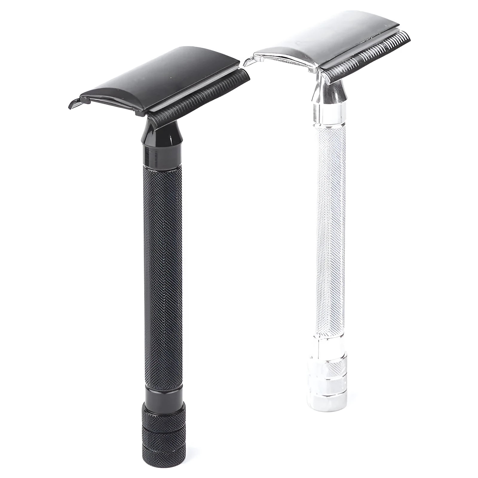 Traditional manual metal shaving scraper and brush set in black or silver finish.