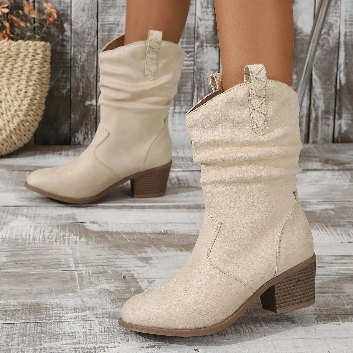 Women's mid-calf suede boots in milky white with 3-5cm heel and rubber sole