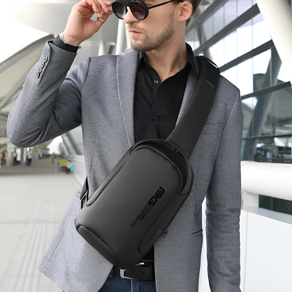 Men's oxford cloth shoulder bag with USB charging port in black colour option