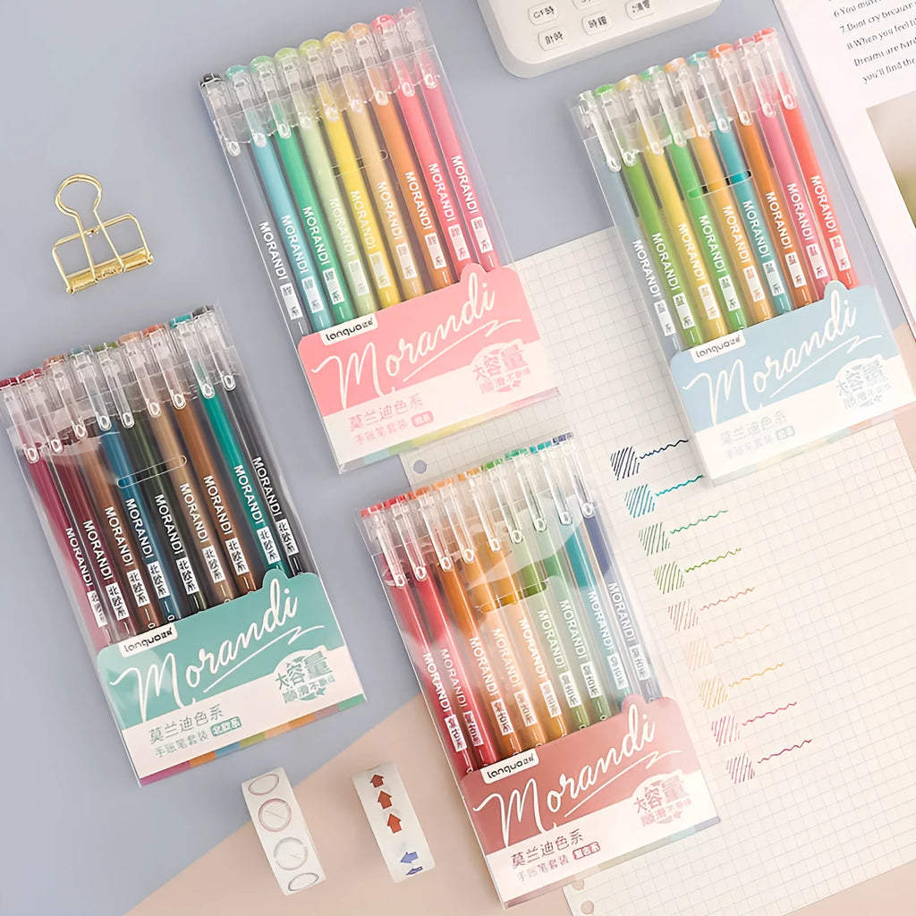 Set of nine solid colour gel pens with 0.5mm needle tips in retro Japanese-style packaging