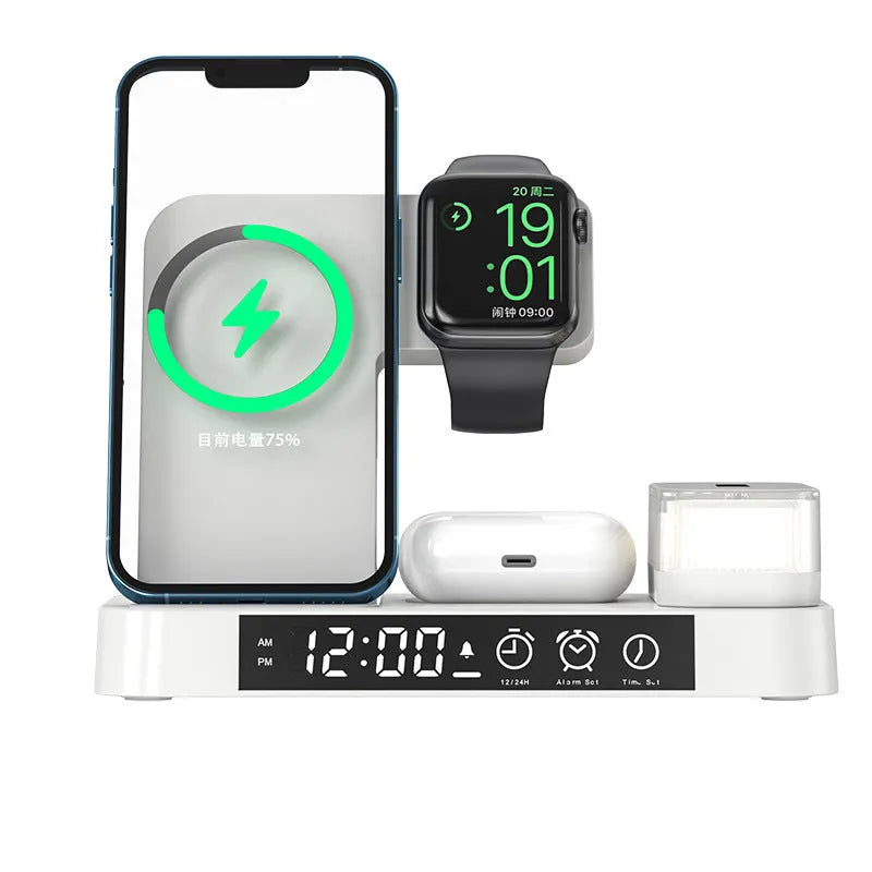 White 4-in-1 wireless charging station with foldable phone stand, LED clock display, and Apple Watch cable.