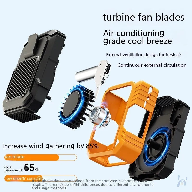 Green wrist hanging fan with USB power bank and light, showing three speed settings and compact design.