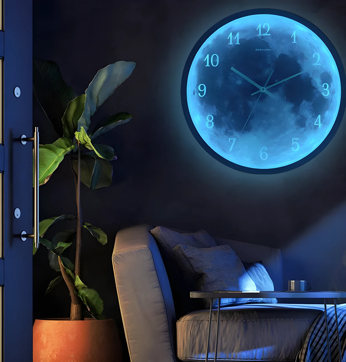 12-inch blue moon wall clock with metal frame, luminous silent movement, 30cm diameter, available in five colours