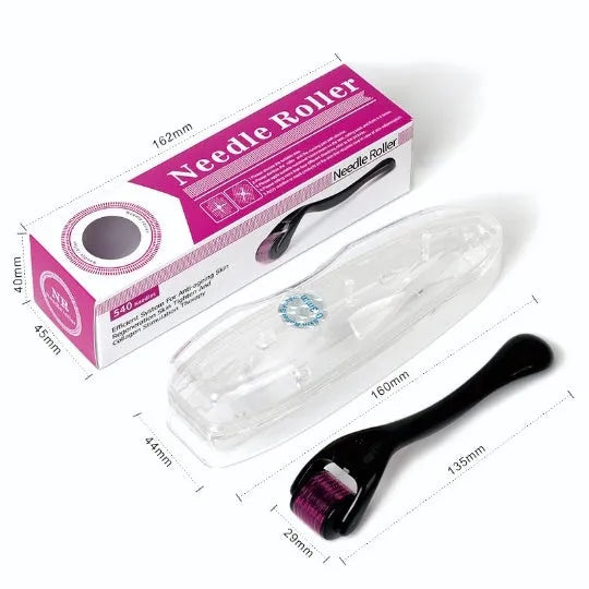 Black and purple titanium derma rollers with six needle depth sizes from 0.2mm to 1.0mm