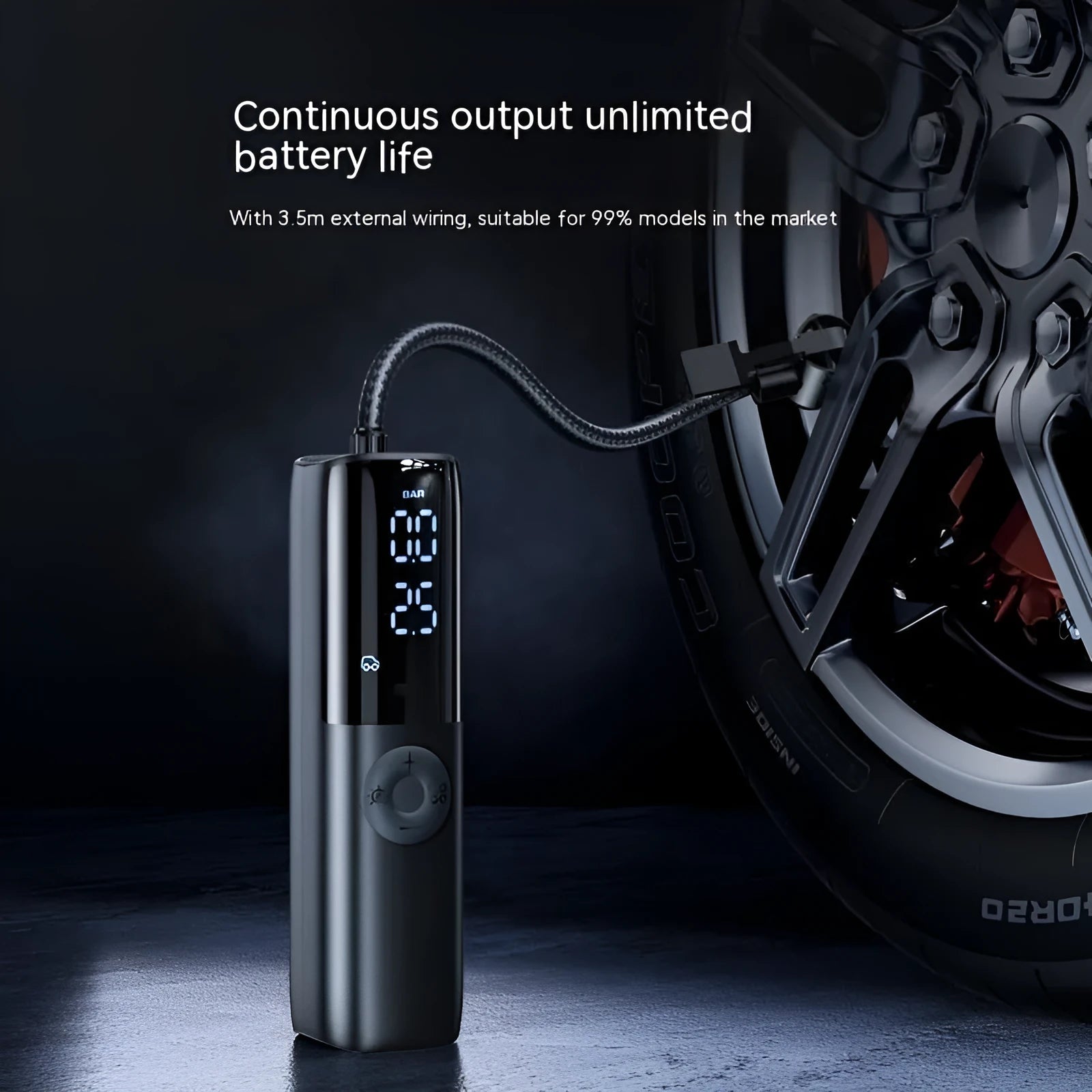 Black portable electric car air pump with plug-in connector and tyre pressure gauge