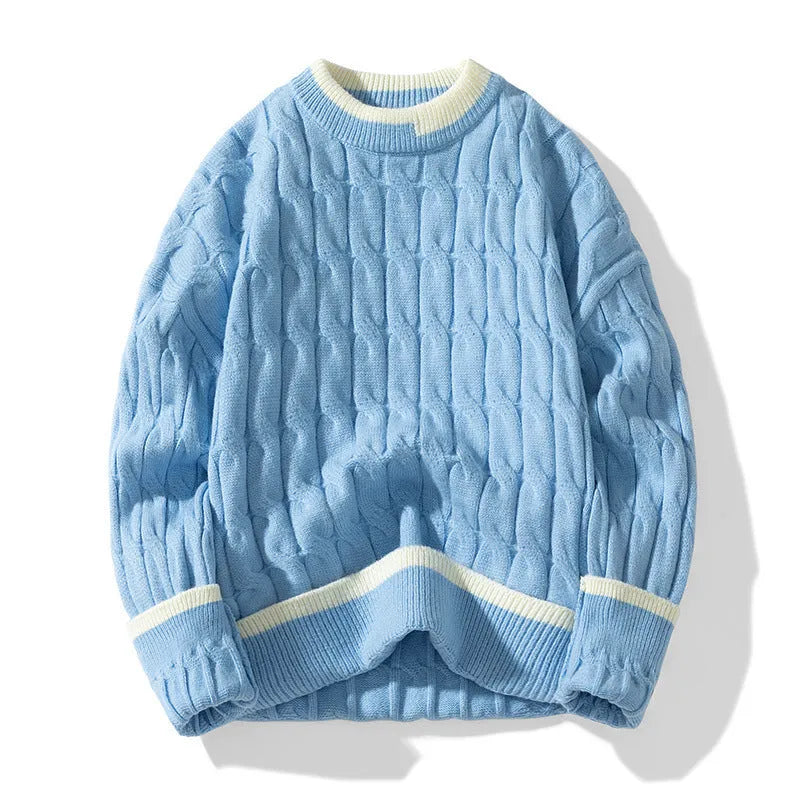Men's loose fit modal acrylic blend pullover sweater in light blue, shown as a two-piece bottoming set.