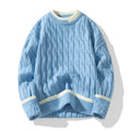Men's loose fit modal acrylic blend pullover sweater in light blue, shown as a two-piece bottoming set.