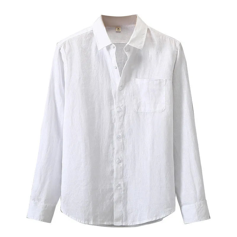 Linen long sleeve loose fit shirt in light green colour, shown on a hanger.