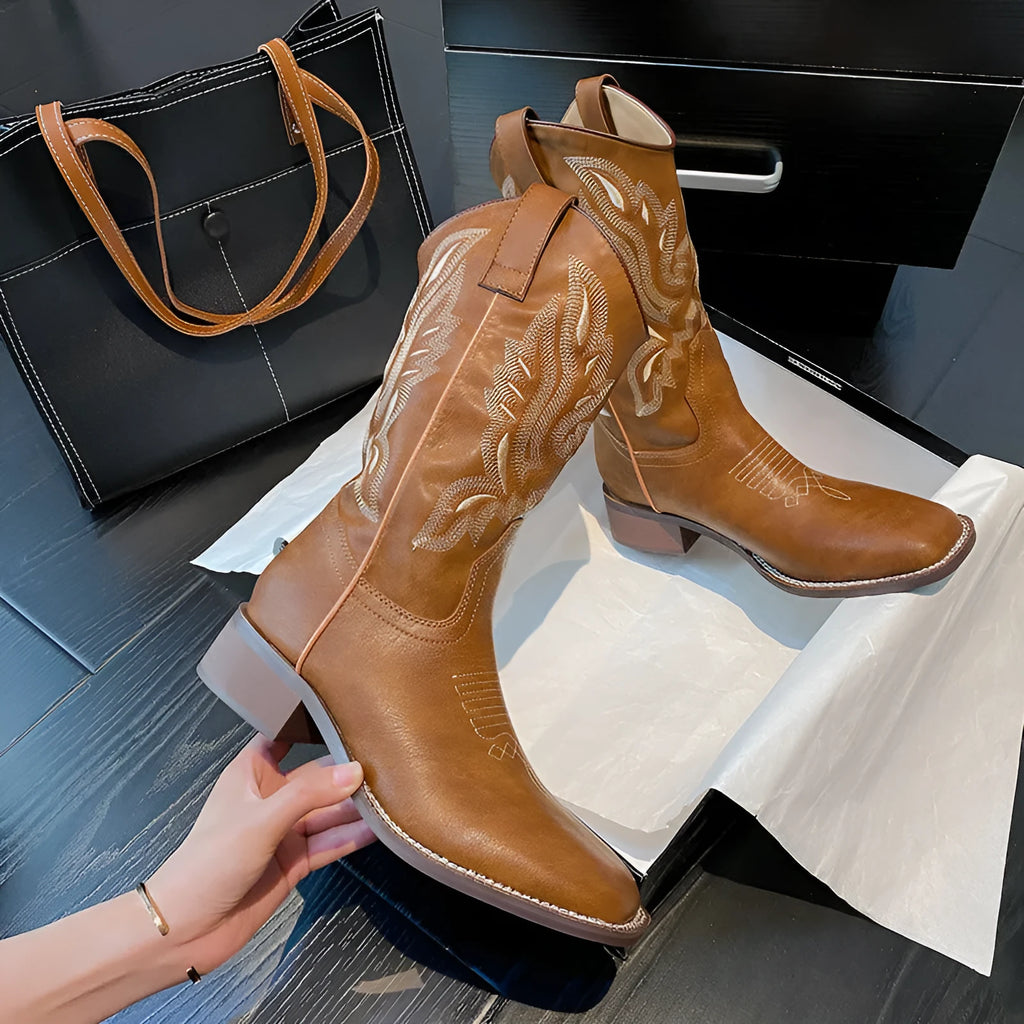 Brown women's mid-calf embroidered Martin boots with leather lining and a square low heel
