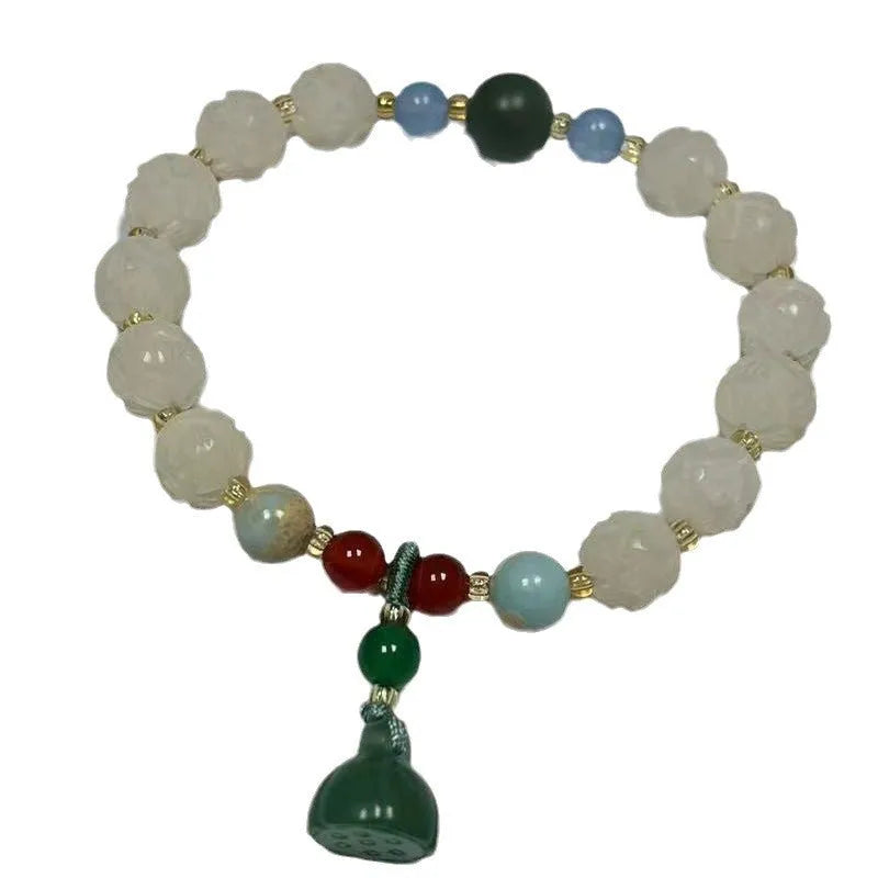 Carved bodhi root pumpkin lotus bracelet with white jade beads and mixed sizing