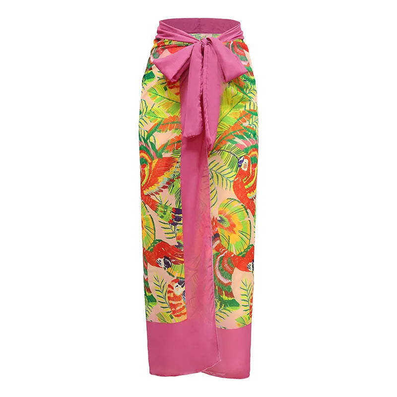 Pink floral print retro women's one-piece swimsuit with V-neck and attached thin skirt