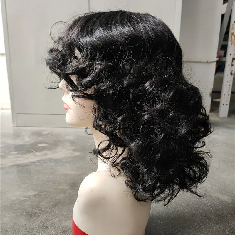 Black synthetic Afro wig with long curly hair on a display head