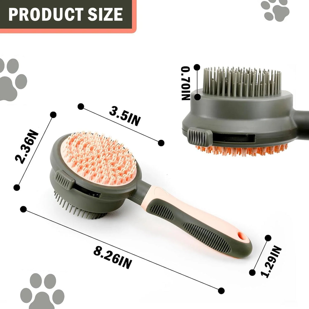 Double sided pink cat grooming brush with release button showing brush and flea comb sides