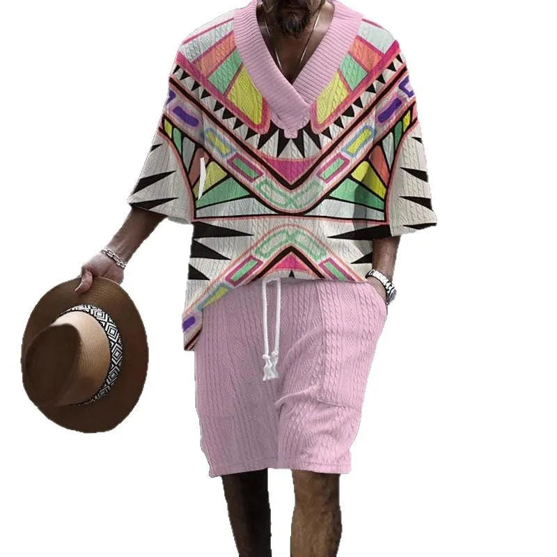 Man wearing a loose-fitting light blue short sleeve top and matching shorts casual suit set.