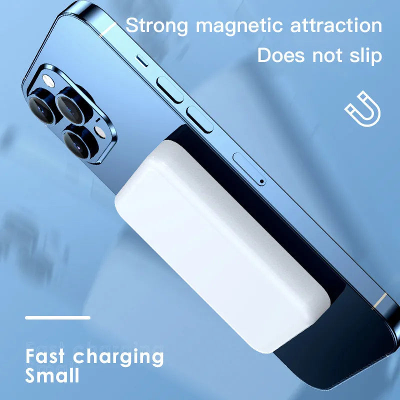 20000mAh wireless magnetic power bank in pink purple or white with 20W output and square aluminum shell measuring 100x64x18mm
