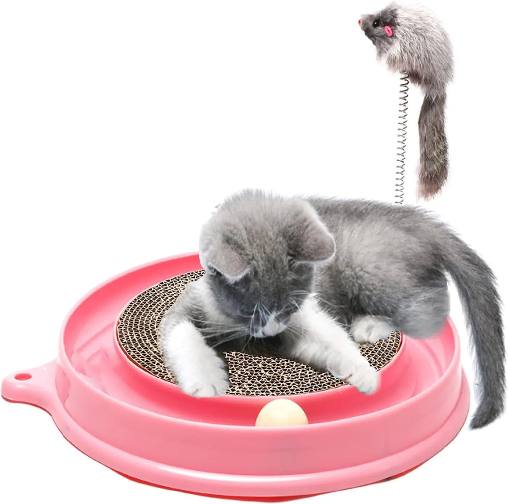 Blue interactive cat scratcher toy with a ball in a track and a corrugated cardboard scratch pad