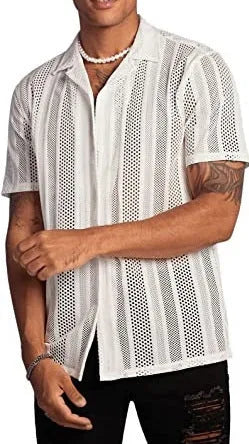 Men's white knitted short-sleeve button shirt with jacquard texture and regular fit
