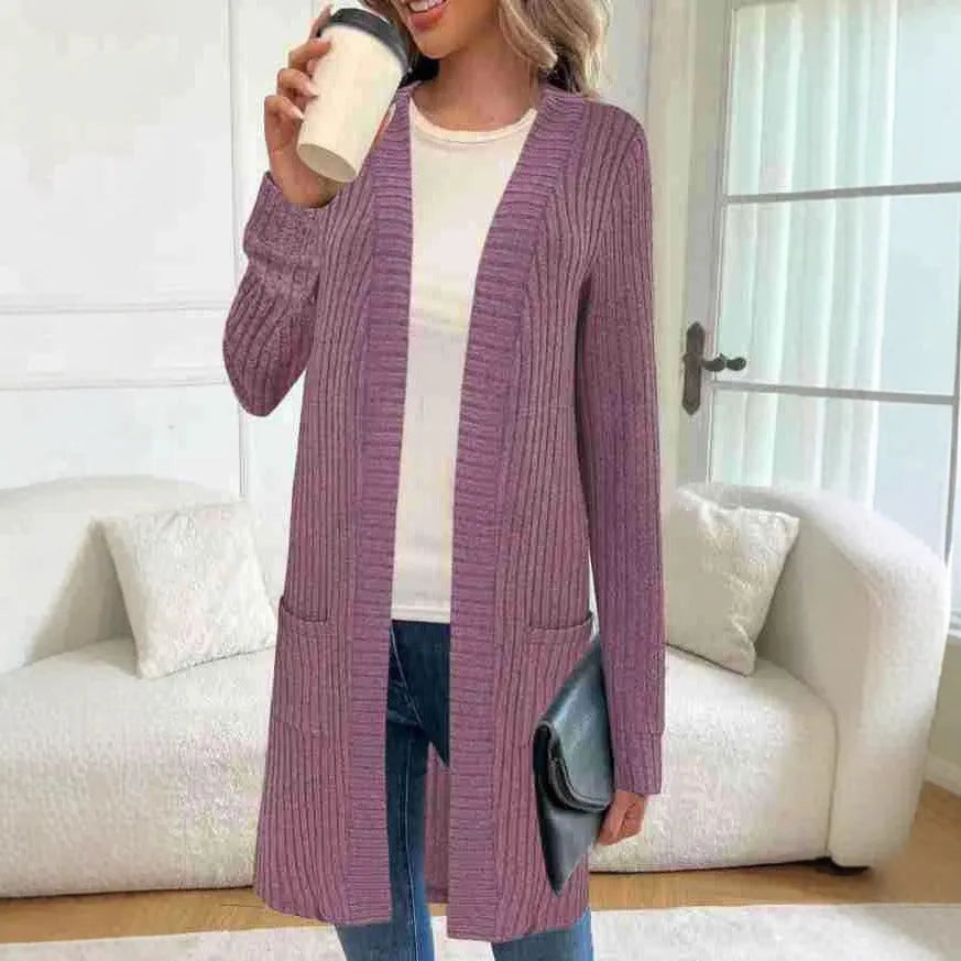 Long sleeve knitted cardigan jacket in black colour with loose pockets and regular sleeves