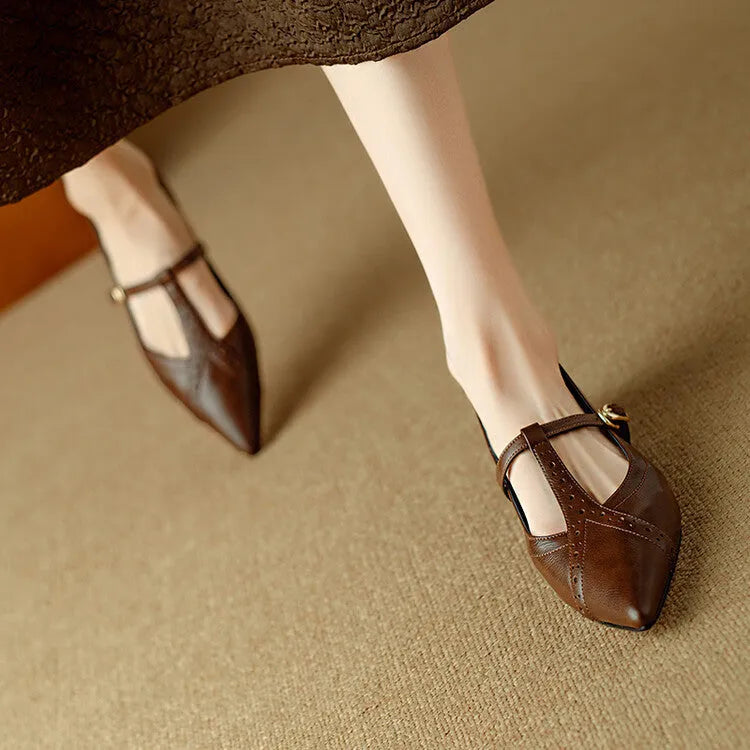 Brown women's cowhide leather flat shoes with round toe and soft sole