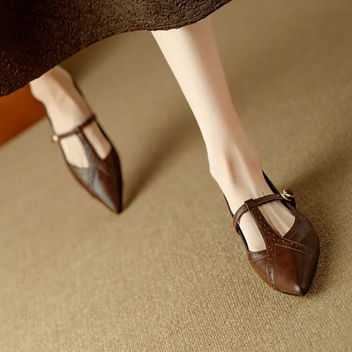 Brown women's cowhide leather flat shoes with round toe and soft sole