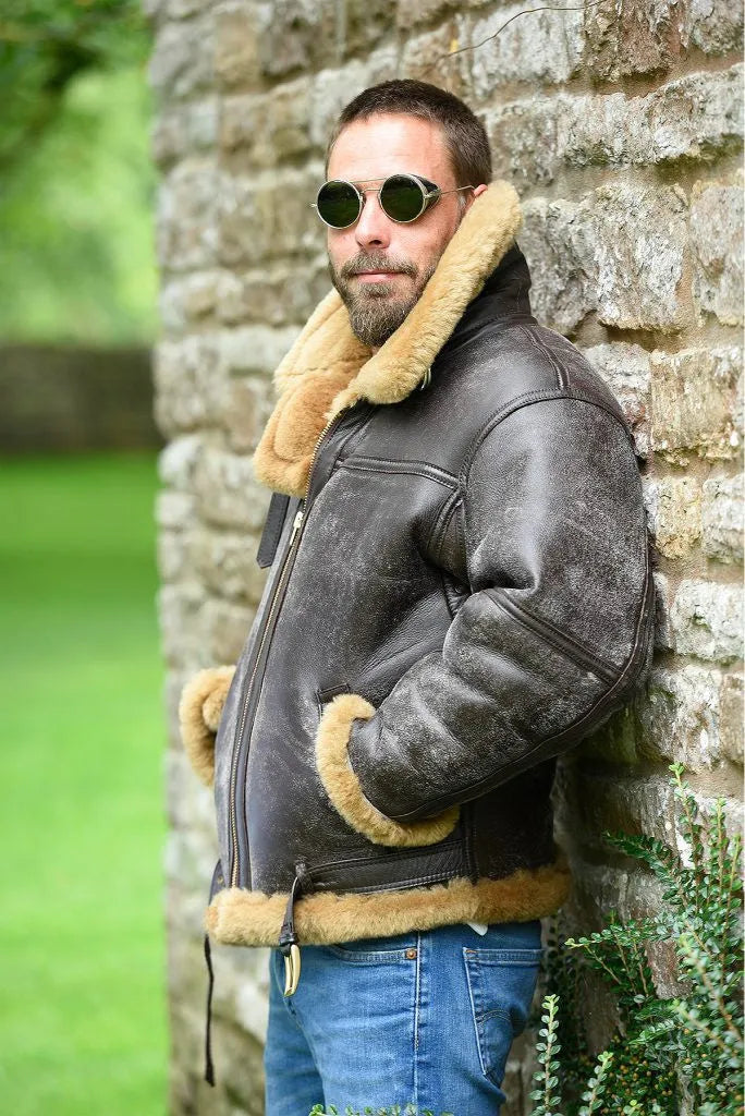 Men's brown synthetic leather retro fur coat with straight hem and side pockets