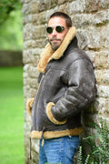 Men's brown synthetic leather retro fur coat with straight hem and side pockets