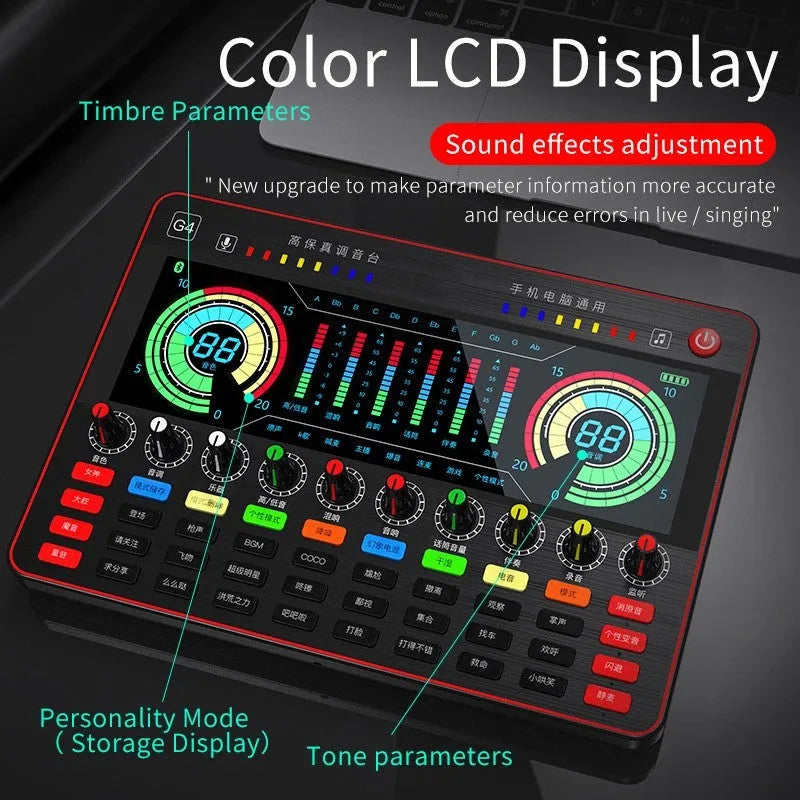 G4 professional USB sound card with LCD display, microphone, remote control and audio cables on a desk