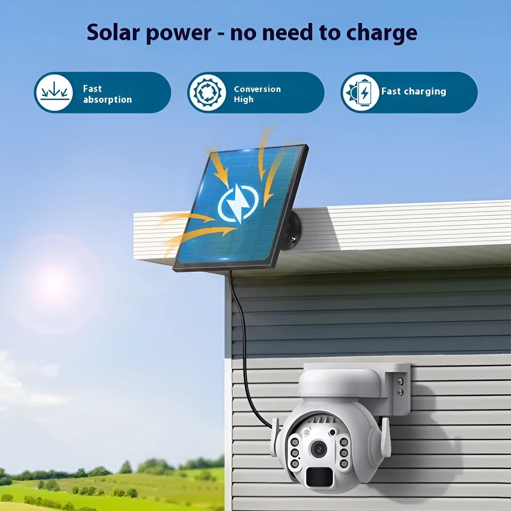 Q55 solar security camera in camouflage finish with integrated solar panel