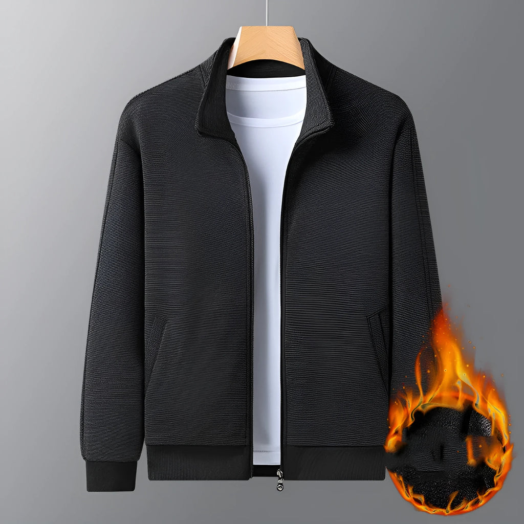 Men's black athletic fit jacket with a stand-up collar and full-length front zipper