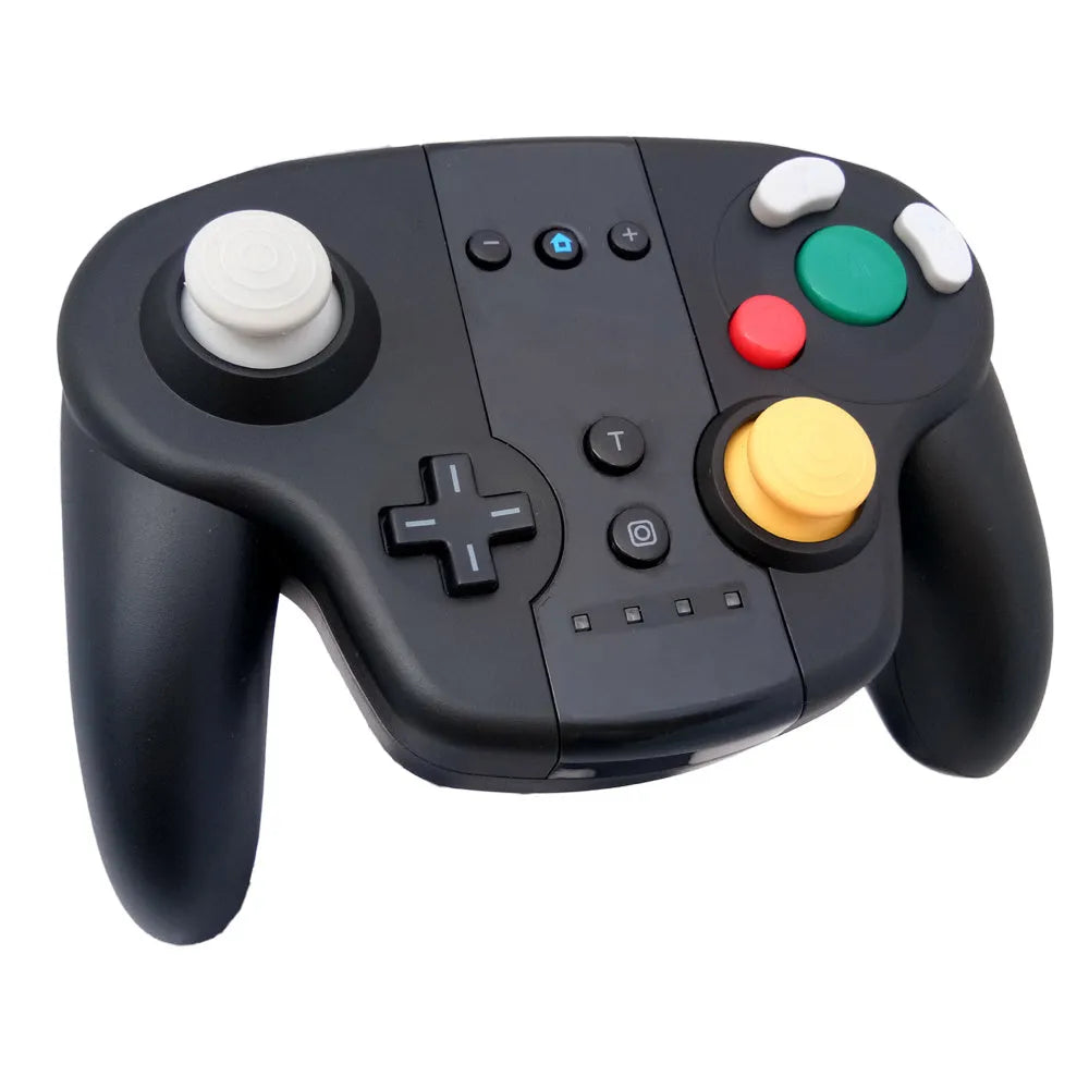 Black wireless gamepad with colourful packaging showing Switch and Windows compatibility, NFC function, and Bluetooth connectivity