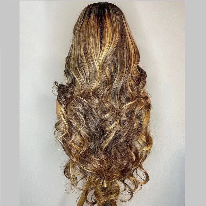 Front lace wig with gradient colour effect showing long curly synthetic hair in black and piano tones