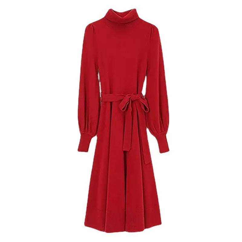 Turtleneck knitwear dress with elastic waist and loose big hem in polyester fabric