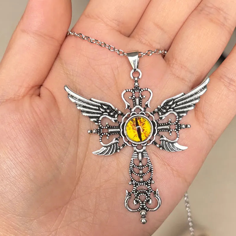Devil wings cross pendant necklace in alloy with geometric shape shown in available colours