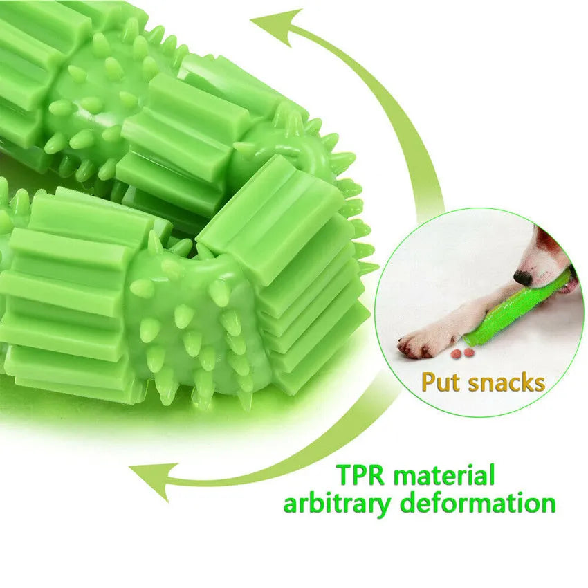 Green and orange bone-shaped rubber dog chew toy for aggressive chewers with treat hole and textured surface.