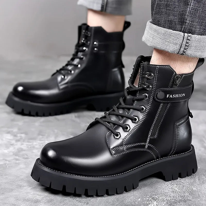 Men's thick-soled high-top Martin boots with side zipper in light brown colour showing cowhide upper and stitching detail