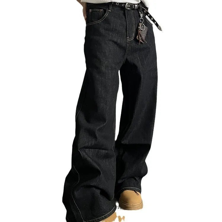 Black retro straight-leg jeans with loose wide-leg cut and zip placket
