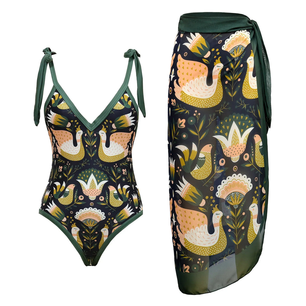 Women's solid colour one-piece swimsuit with spaghetti straps and an attached skirt