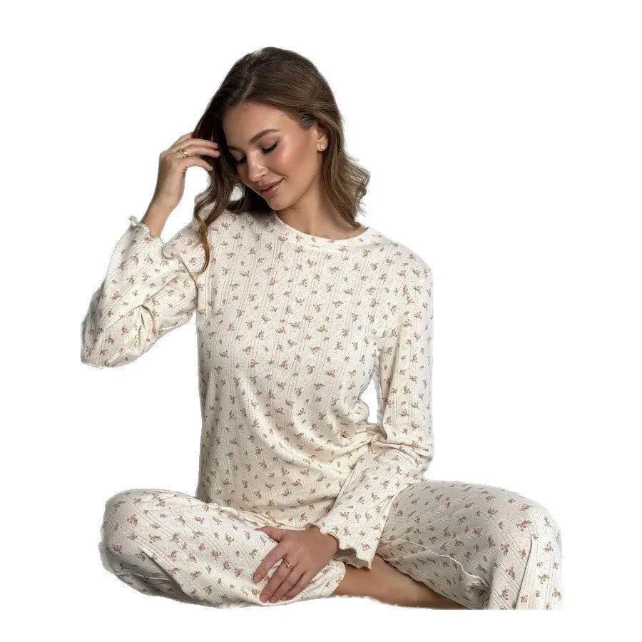 White women's floral print bell sleeve top and wide leg pants loungewear suit set